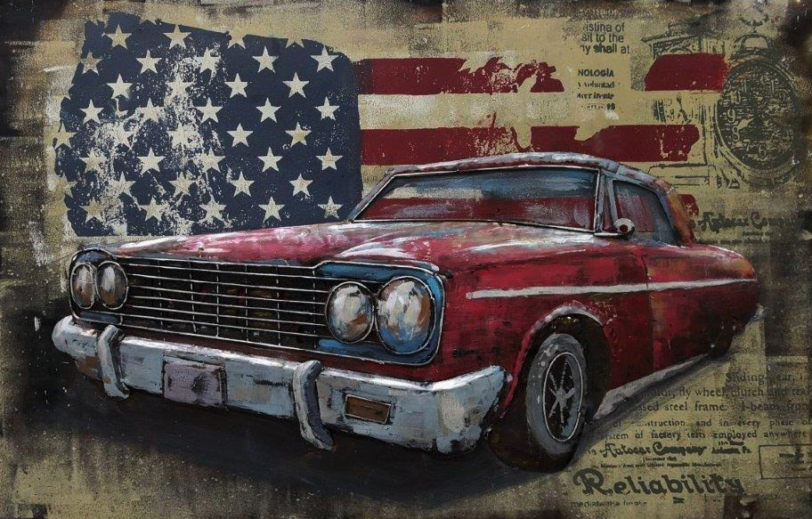 Tableau métal et bois relief Vintage voiture