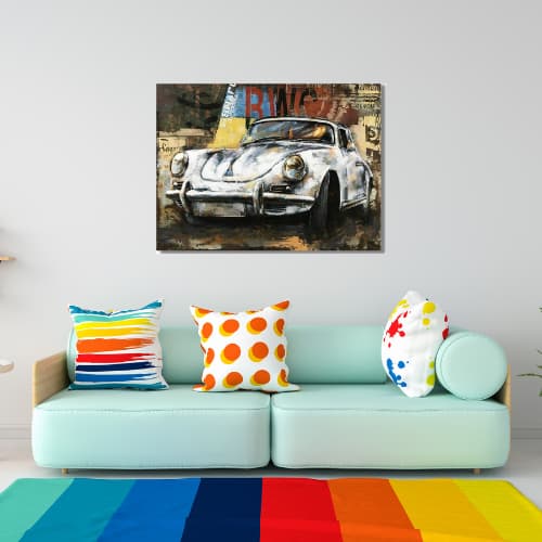 Porsche vintage en relief tableau art métal déco