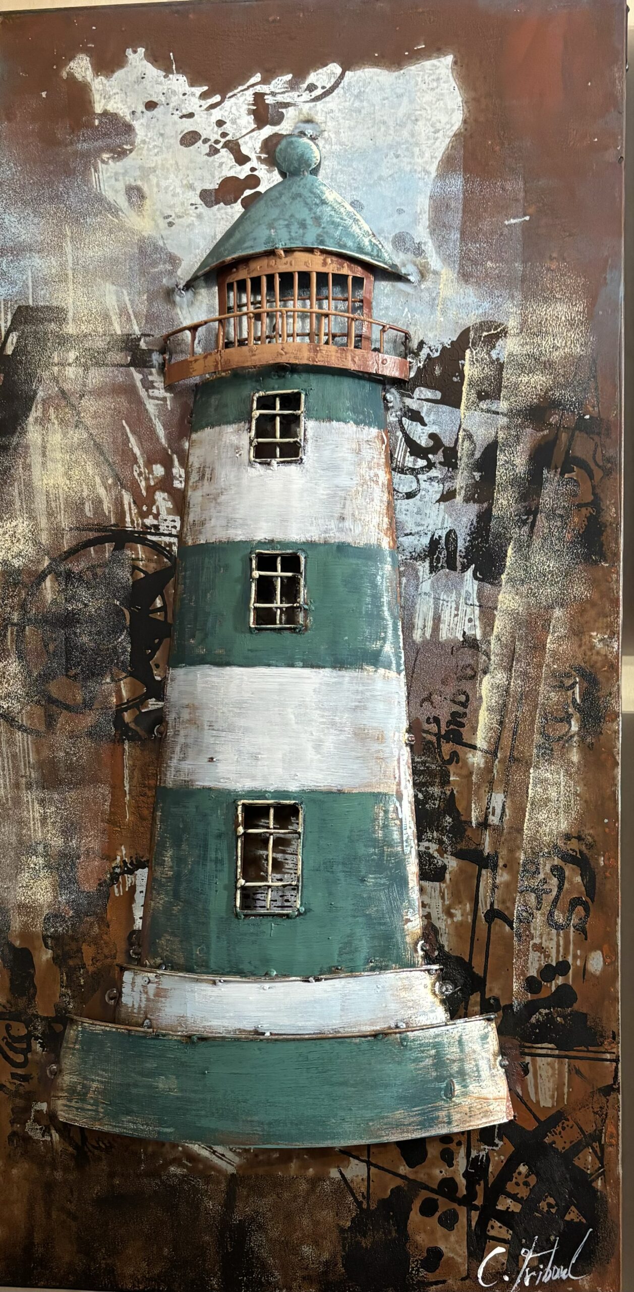 Tableau métal phare vert